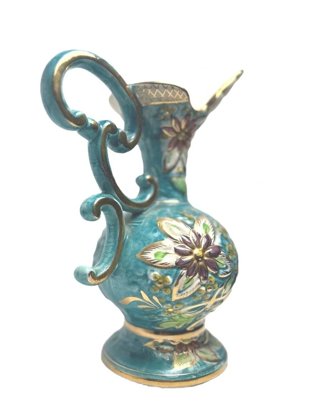 Vintage H Bequet Quaregnon Decorative Floral Pitcher Vase with Gold Accents